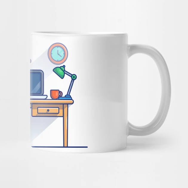 Work Bench, Desk, Laptop, Lamp, Plant, Cup, Clock And Floating Shelves Cartoon by Catalyst Labs